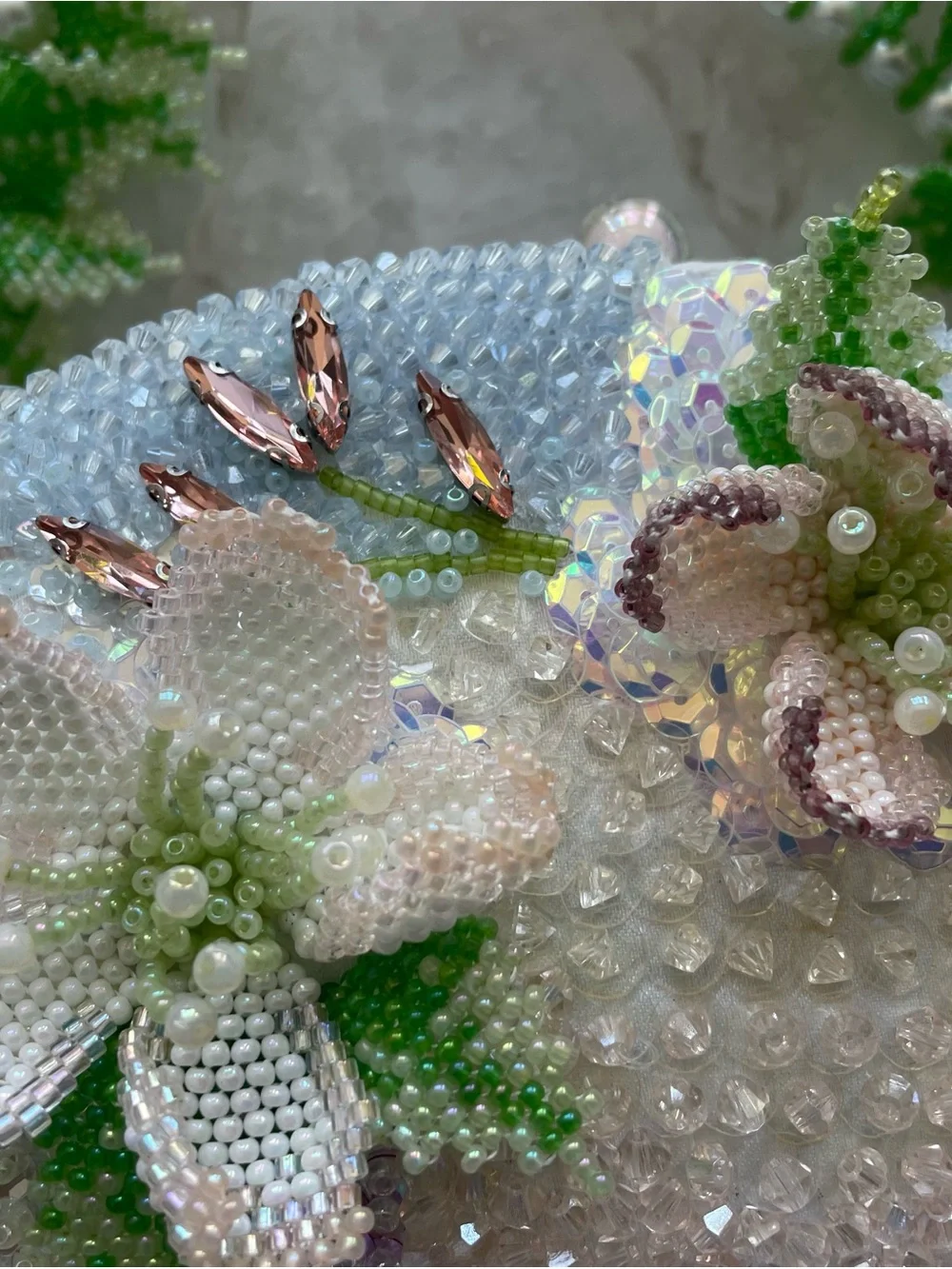 Handcrafted White & Green Floral Beaded Evening Clutch